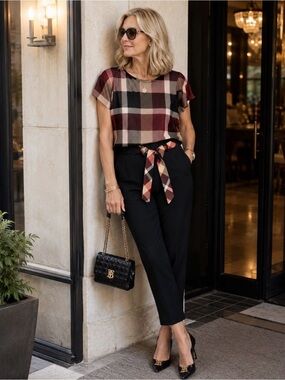 Burberry Black Ankle Pants with Plaid Tie Belt - Black/Burgundy/Cream